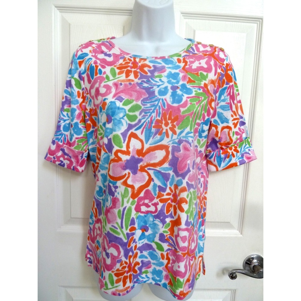 LAUREN RALPH LAUREN Sz Med. 8/10 Colorful Short Cuffed Sleeve Tee Shirt Cotton